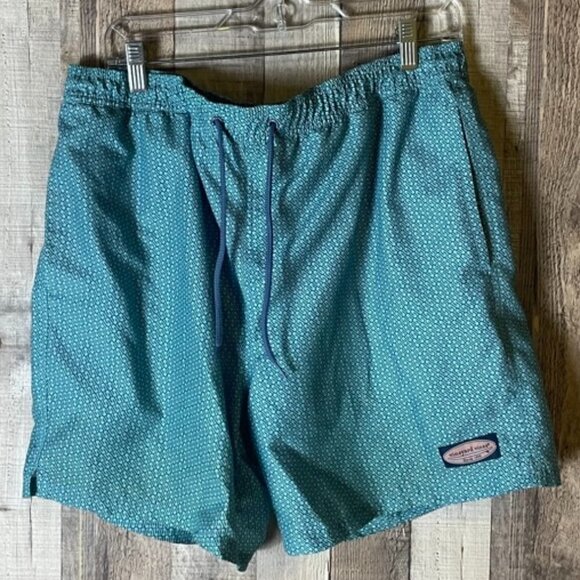 Vineyard Vines Teal Print Swim Trunks - Picture 1 of 6